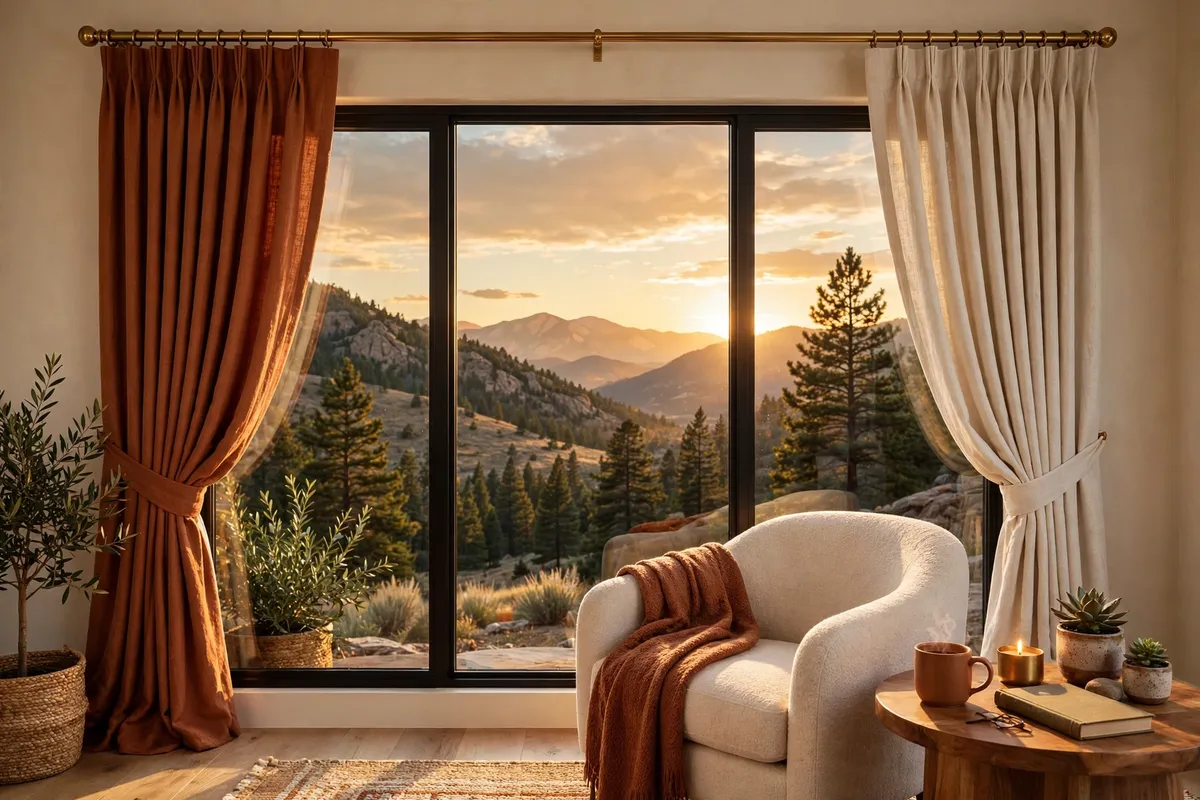 Custom draperies in warm linen framing a picture window at golden hour