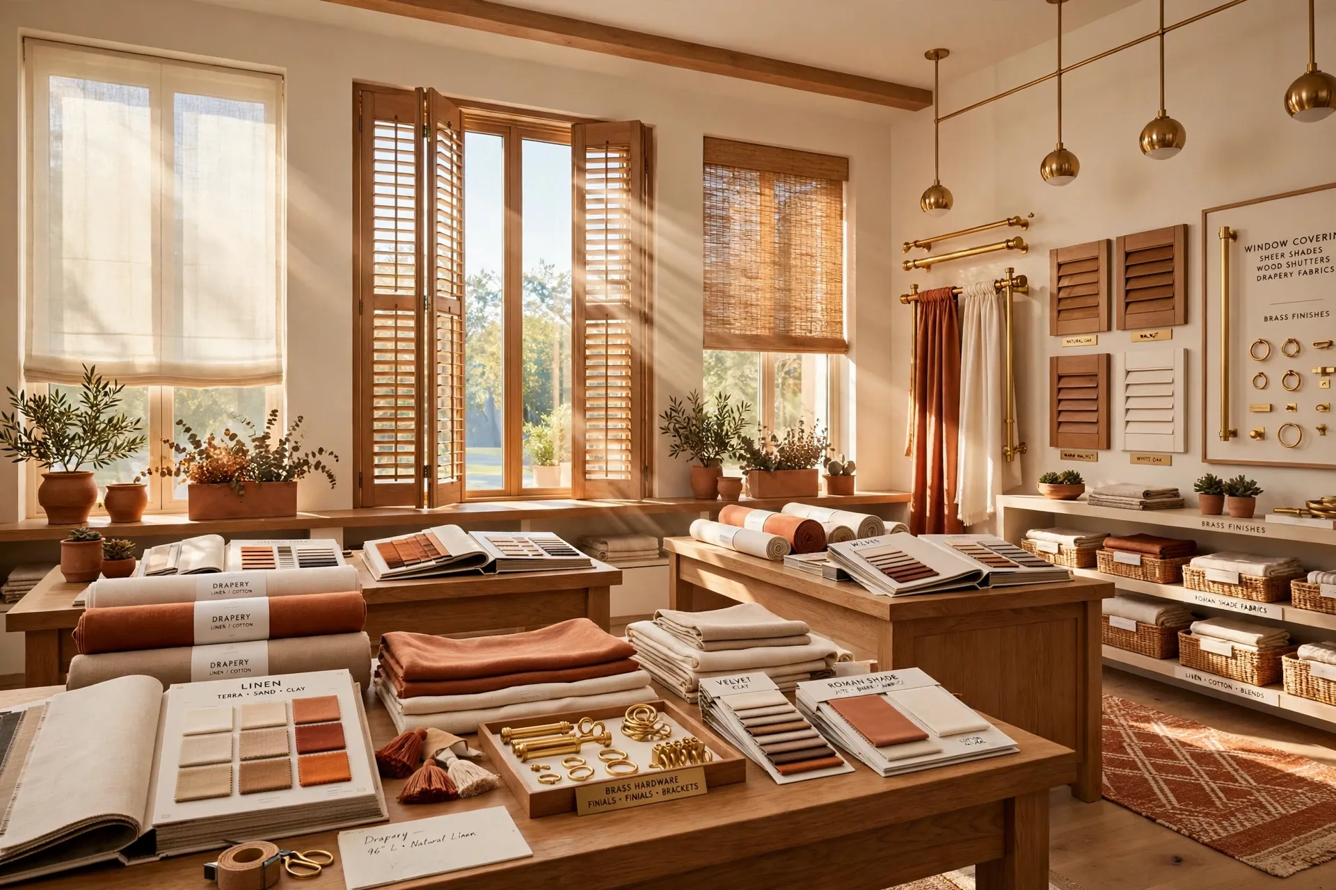 Inside a Hunter Douglas Gallery showroom — shutters, sheers and fabric samples in warm sunlight