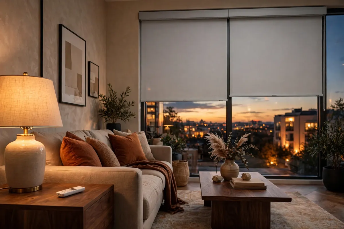 PowerView Automation shades lowered at dusk, remote on a side table